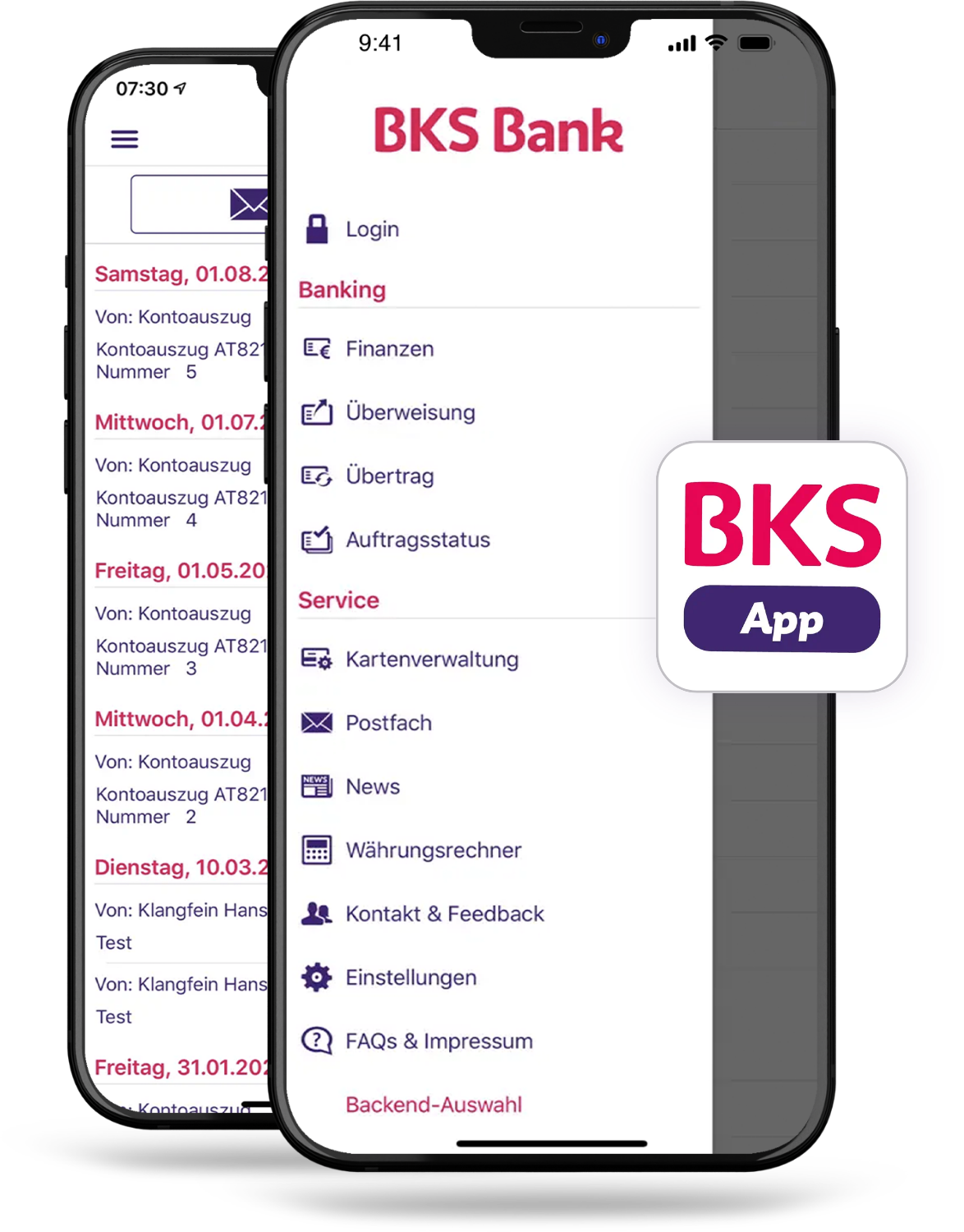 Zwei Smartphones mit der BKS Bank App offen. Zwei Smartphones mit der BKS Bank App offen.
